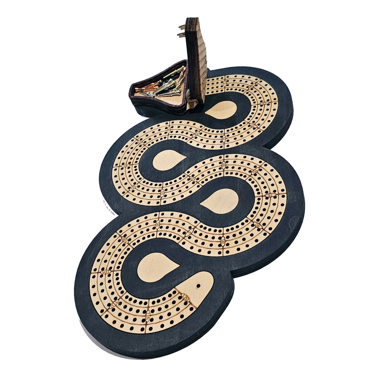 Snake Cribbage Board - 4 Lanes - Mouth Open - End View