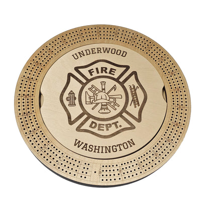 Large round Cribbage board with custom engraved lid