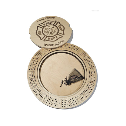 Large round Cribbage board with custom engraved lid