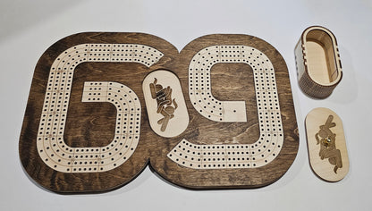 69 cribbage board with lid off peg storage