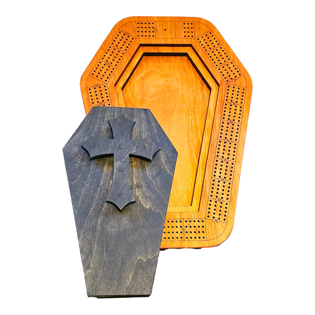 coffin cribbage board with lid off