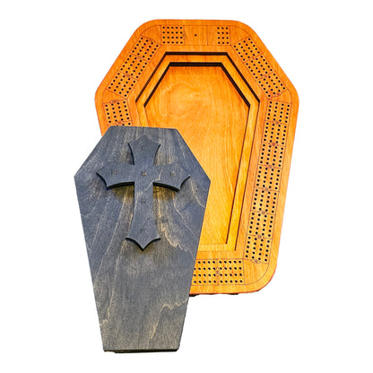 coffin cribbage board with lid off