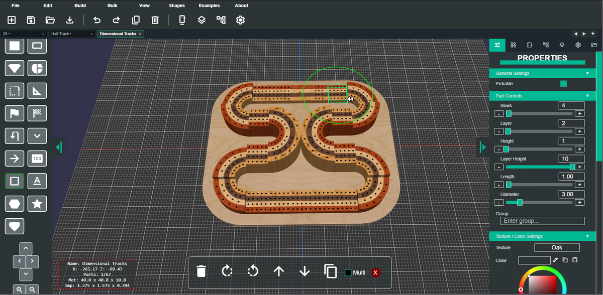 A 3D digital render of a winding, snake-like track or path on a beige base, shown inside a dark software interface with a Properties panel on the right. The render has green and orange highlights, and the surrounding UI includes tool icons and a grid workspace.