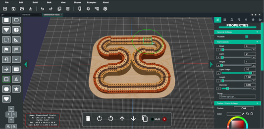 A 3D digital render of a winding, snake-like track or path on a beige base, shown inside a dark software interface with a Properties panel on the right. The render has green and orange highlights, and the surrounding UI includes tool icons and a grid workspace.