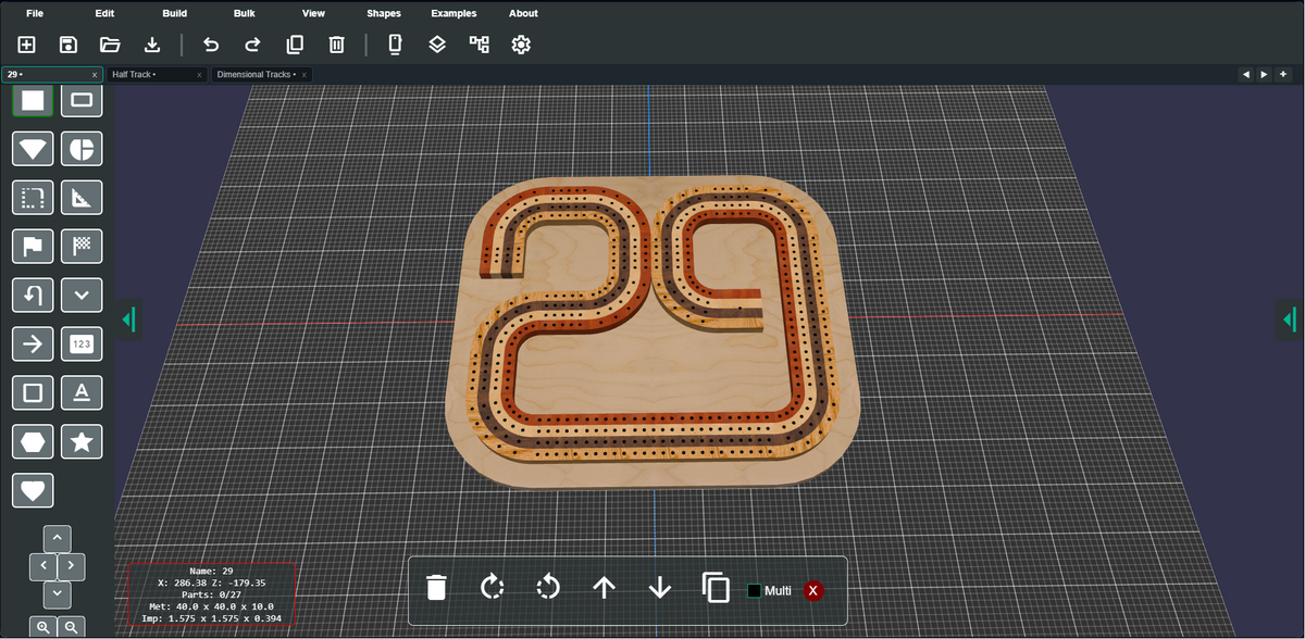 A 3D render of a custom wooden model track piece shaped like the number 29, featuring red, orange, and brown wood grain patterns, displayed on a dark grid workbench interface.