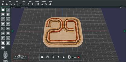 A 3D render of a custom wooden model track piece shaped like the number 29, featuring red, orange, and brown wood grain patterns, displayed on a dark grid workbench interface.