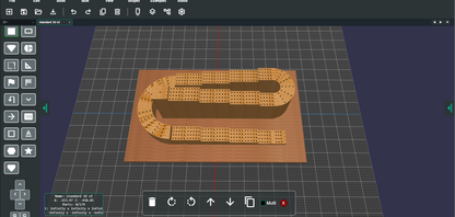 A 3D rendering of a wooden S-shaped board with a grid of small circular dots, shown inside a software interface with a dark gray toolbar and grid workspace.