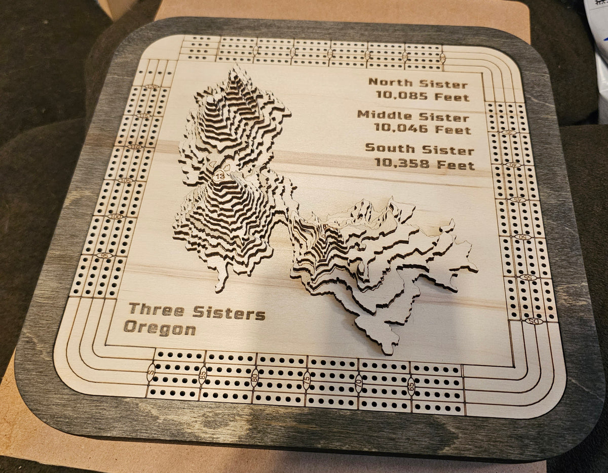 Custom Cribbage Board Mountain Topography Three Sisters Oregon